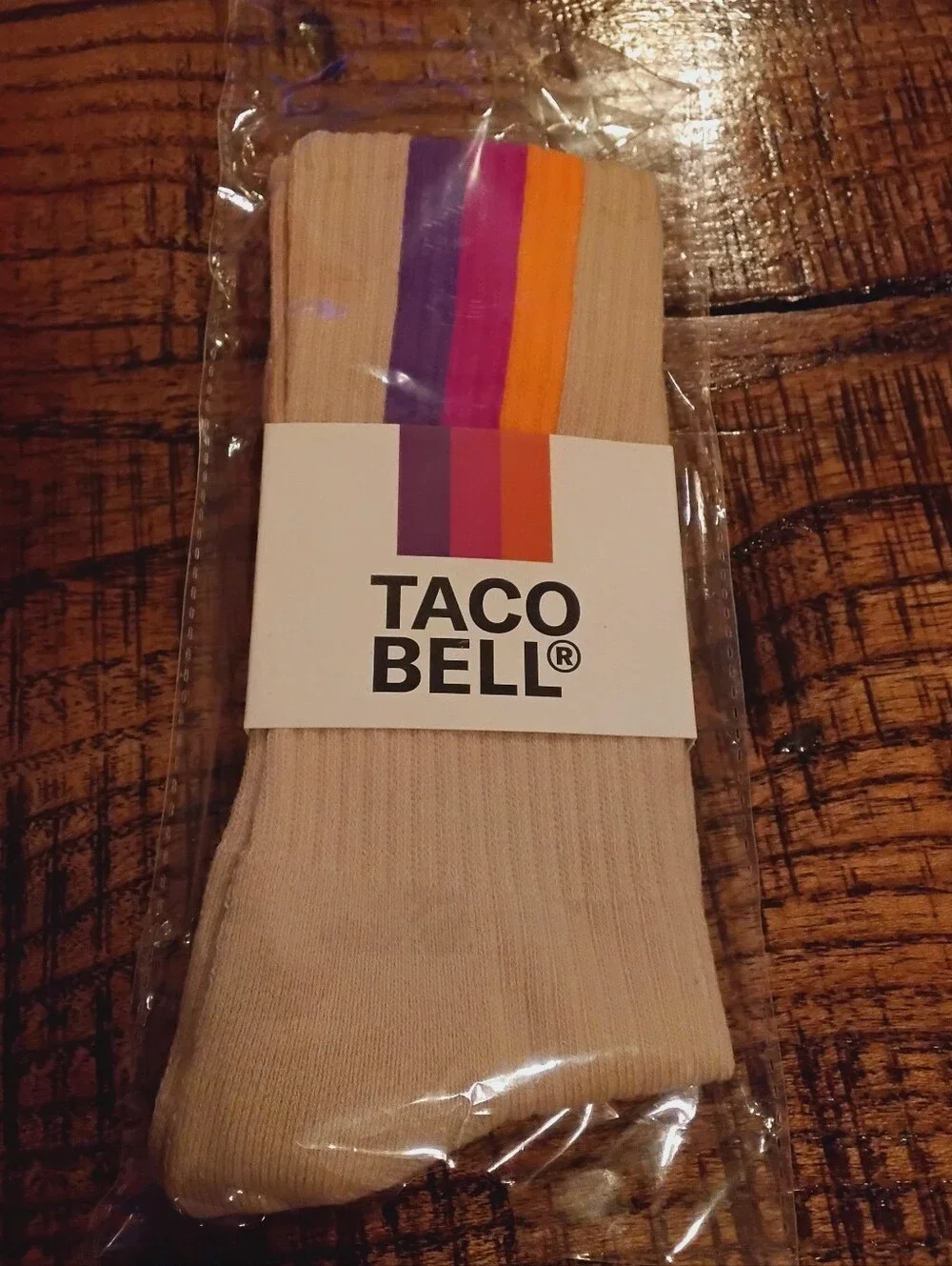 NWT - Taco Bell Tan 3-Stripe Crew Socks 100% Cotton New
